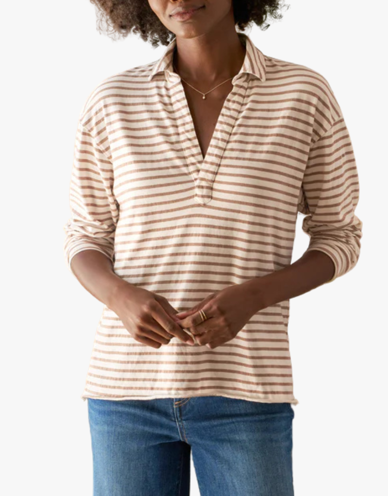 Frank & Eileen Patrick Popover Henley in Vintage White & Camel Stripe (Heritage Jersey)