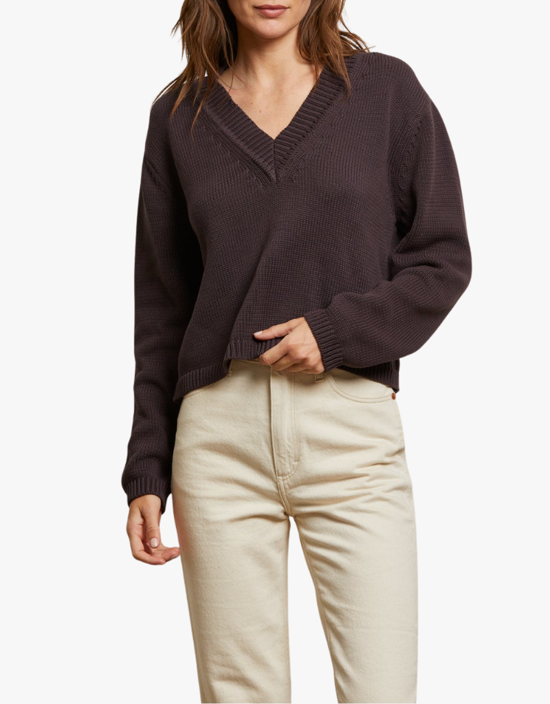 Perfect White Tee Addie Cotton Oversized V-Neck Sweater in Cocoa