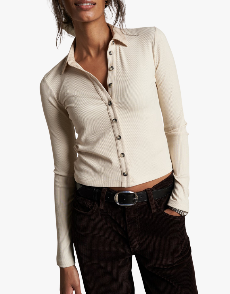 Perfect White Tee Amee Luxe Rib Long Sleeve Button Polo in Sugar