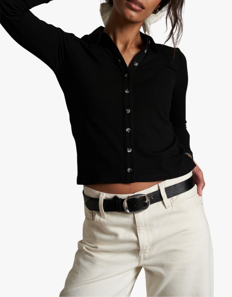 Perfect White Tee Amee Luxe Rib Long Sleeve Button Polo in True Black