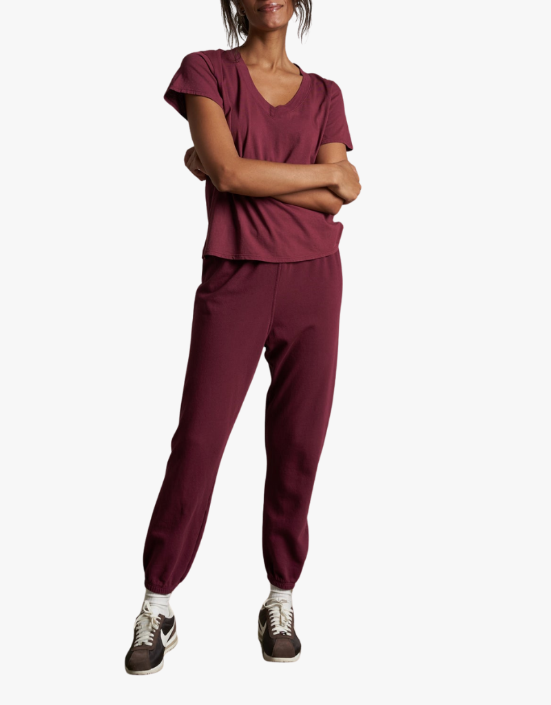 Perfect White Tee Hendrix Cotton Short Sleeve Boxy V Neck Tee in Dark Burgundy