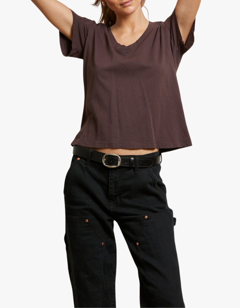 Perfect White Tee Hendrix Cotton Short Sleeve Boxy V Neck Tee in Cocoa Powder