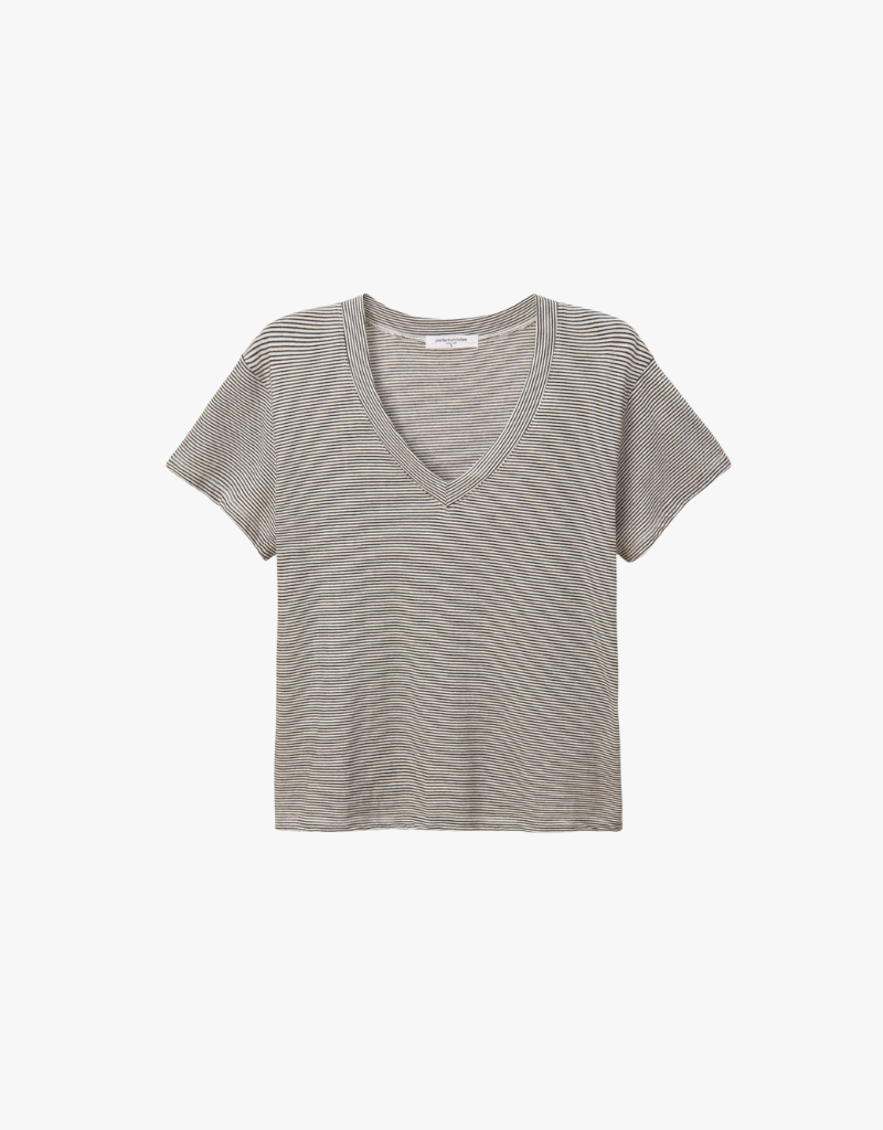 Perfect White Tee Hendrix Cotton Short Sleeve Boxy V Neck Tee in Ivory & Black Stripe