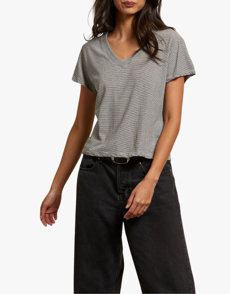 Perfect White Tee Hendrix Cotton Short Sleeve Boxy V Neck Tee in Ivory & Black Stripe