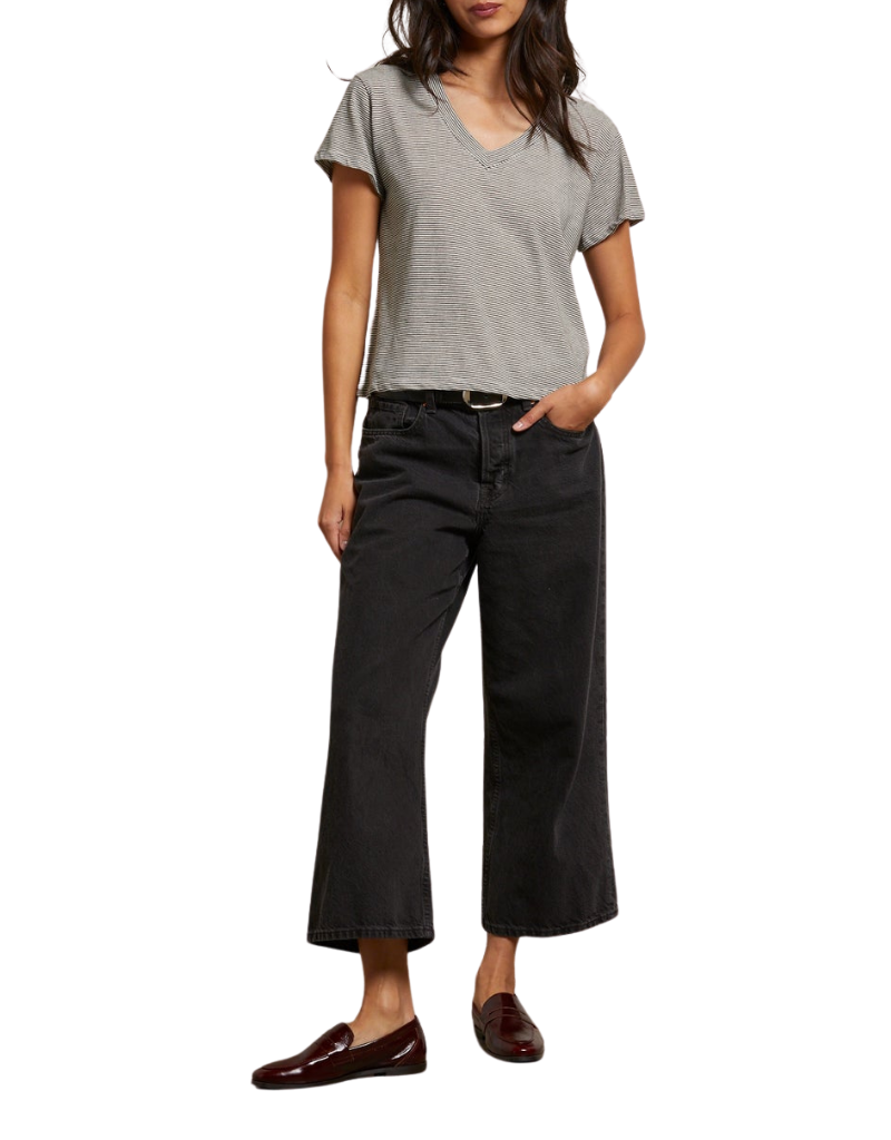 Perfect White Tee Hendrix Cotton Short Sleeve Boxy V Neck Tee in Ivory & Black Stripe