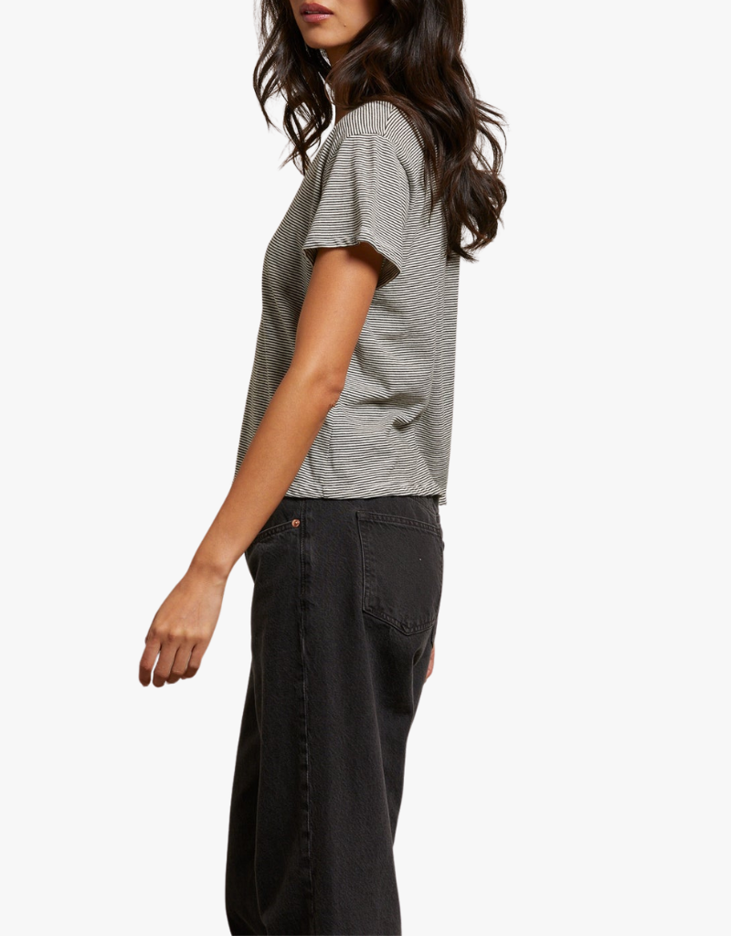 Perfect White Tee Hendrix Cotton Short Sleeve Boxy V Neck Tee in Ivory & Black Stripe