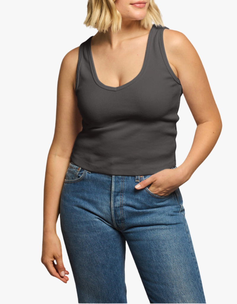 Perfect White Tee Maria Structured Rib Bra Friendly V-neck Tank Top in Vintage Black