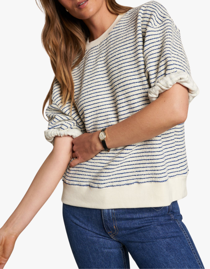 Perfect White Tee Rebecca French Terry Stripe 3/4 Puff Sleeve Sweatshirt in Navy Stripe