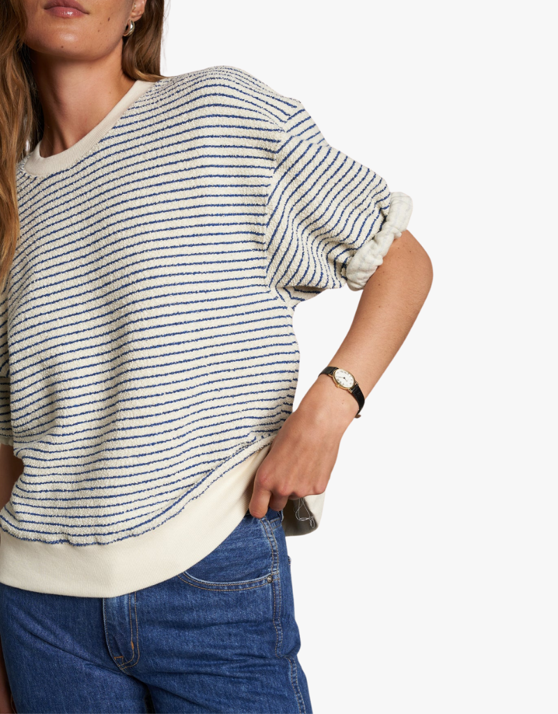 Perfect White Tee Rebecca French Terry Stripe 3/4 Puff Sleeve Sweatshirt in Navy Stripe