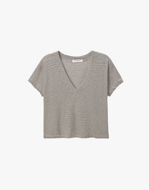 Perfect White Tee Rosie Linen Jersey Spandex V-Neck in Ivory & Black Stripe