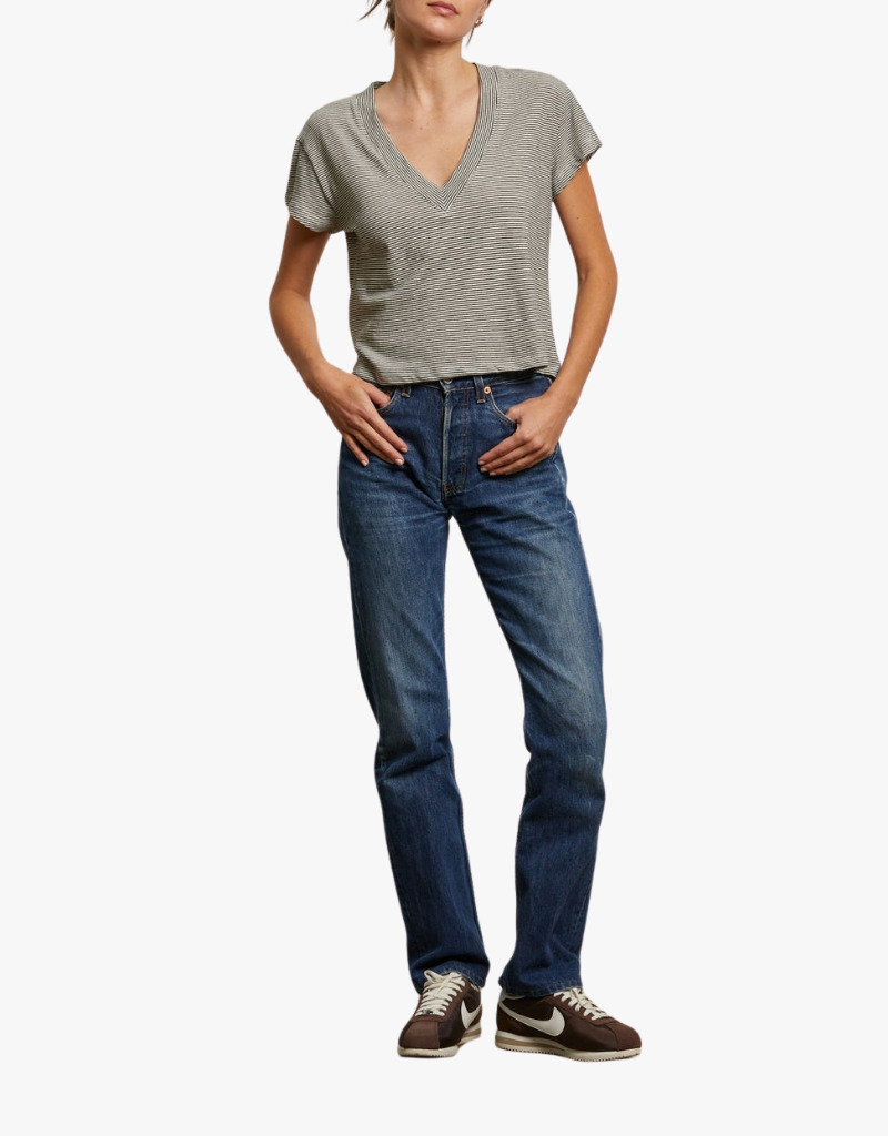 Perfect White Tee Rosie Linen Jersey Spandex V-Neck in Ivory & Black Stripe