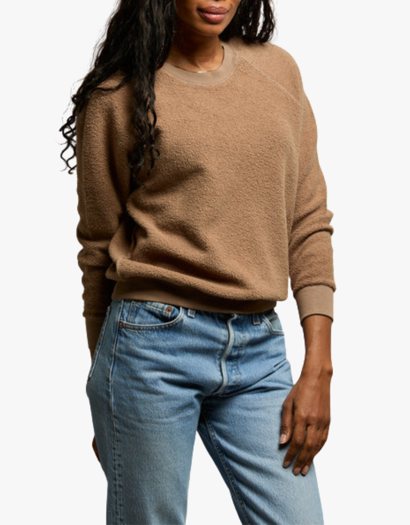 Perfect White Tee Ziggy Inside Out Fleece Long Sleeve Shrunken Crewneck Sweatshirt in Mocha