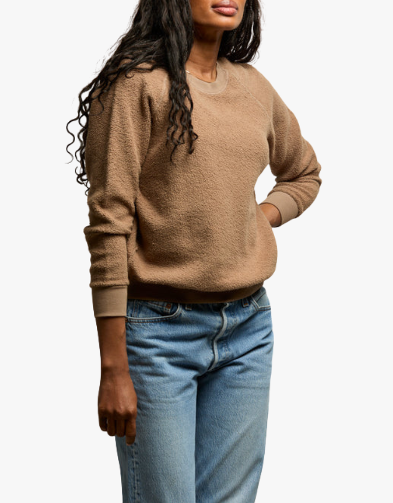 Perfect White Tee Ziggy Inside Out Fleece Long Sleeve Shrunken Crewneck Sweatshirt in Mocha