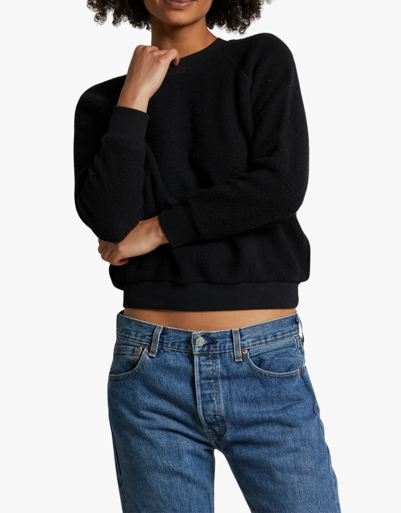 Perfect White Tee Ziggy Inside Out Fleece Long Sleeve Skrunken Crewneck Sweatshirt in True Black