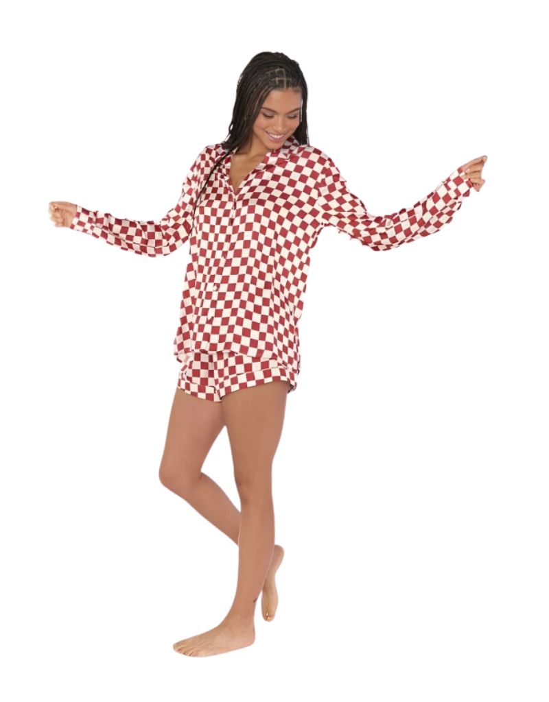 Show Me Your Mumu Early Riser PJ Set in Red Checker Silky