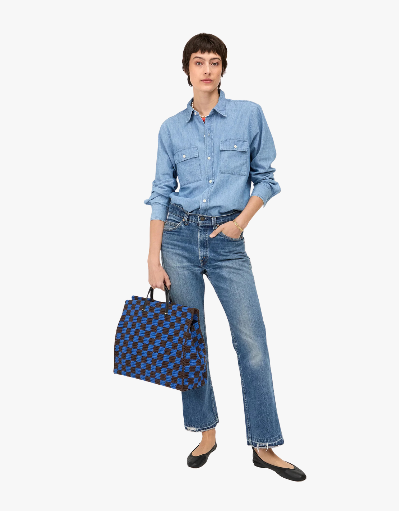 Clare V. Summer Simple Tote in Deep Blue & Chocolate