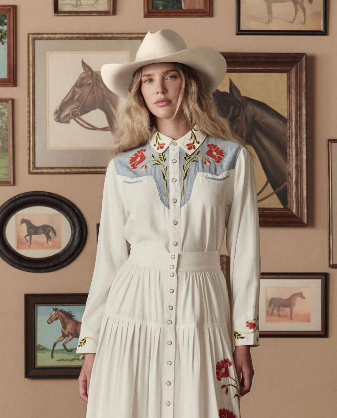 The Great The Embroidered Western Shirt in Cream & Chambray Mix Multi