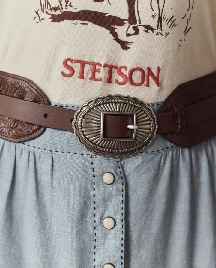 The Great The Tooled Waist Belt in Brown & Silver