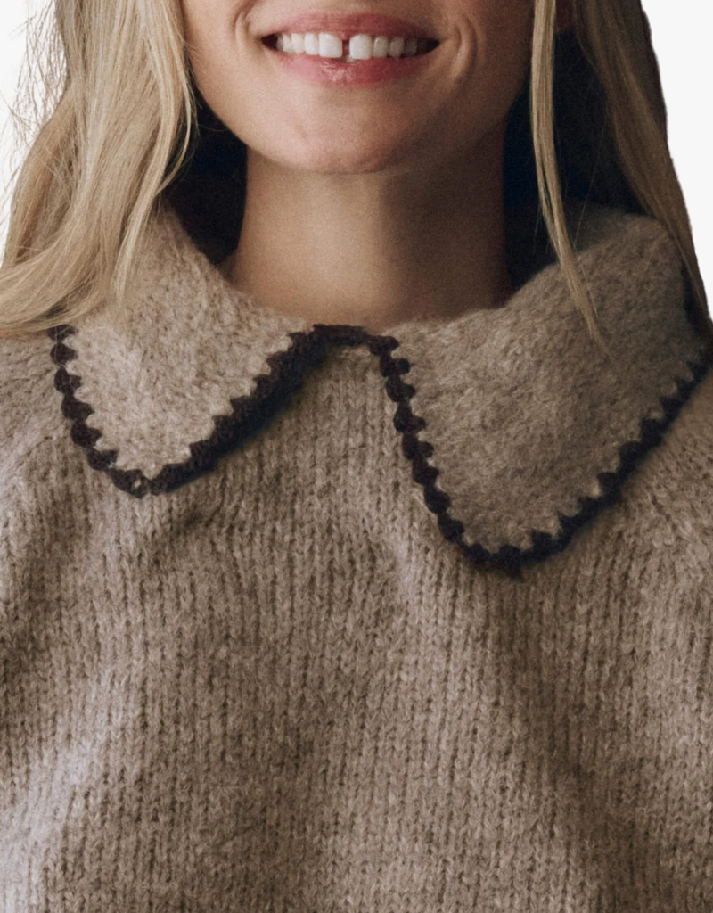 The Great The Crochet Collar Pullover in Oat with Brown Oat