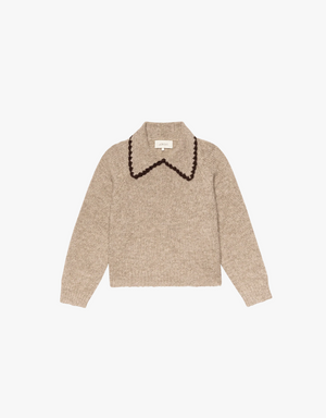 The Great The Crochet Collar Pullover in Oat with Brown Oat