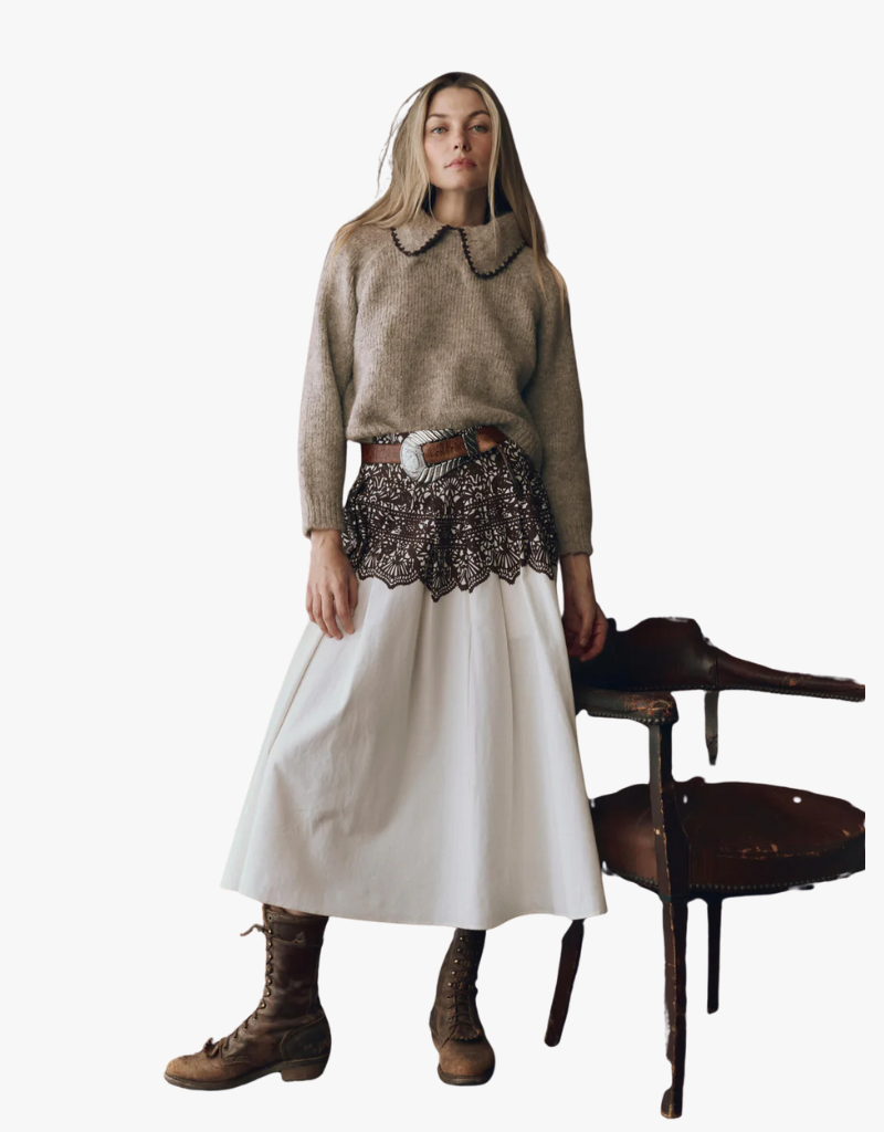 The Great The Crochet Collar Pullover in Oat with Brown Oat