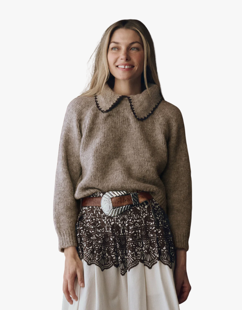 The Great The Crochet Collar Pullover in Oat with Brown Oat