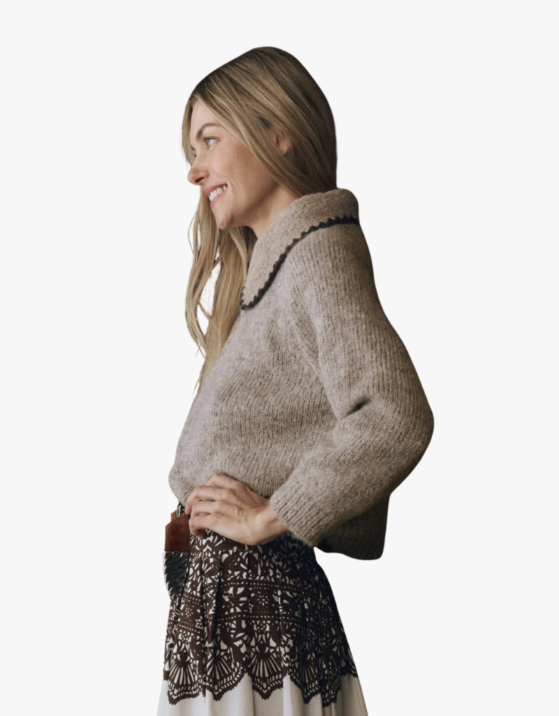 The Great The Crochet Collar Pullover in Oat with Brown Oat
