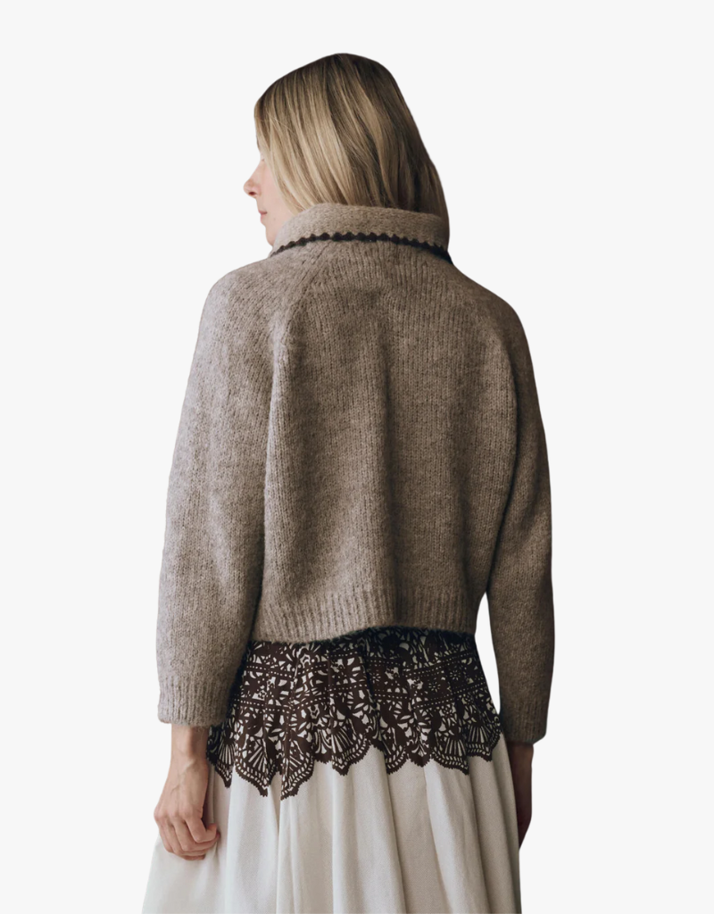 The Great The Crochet Collar Pullover in Oat with Brown Oat