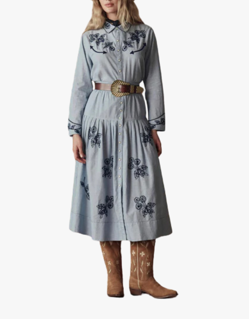 The Great The Chambray Embroidered Highland Skirt in Chambray