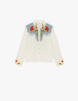 The Great The Embroidered Western Shirt in Cream & Chambray Mix Multi
