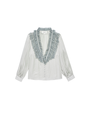 The Great The Ruffled Tuxedo Top in Silver with Icy Blue