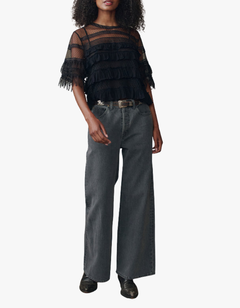 The Great The Winter Mesh Flounce Top in Black