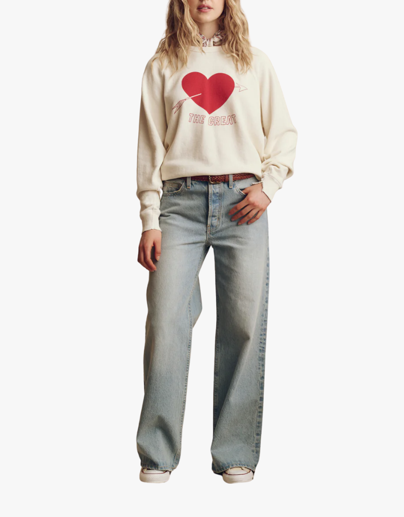 The Great The College Sweatshirt With Heart Graphic in Washed White & Red