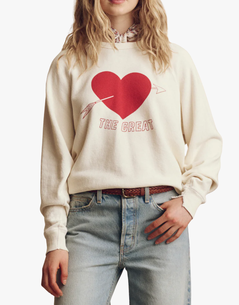 The Great The College Sweatshirt With Heart Graphic in Washed White & Red