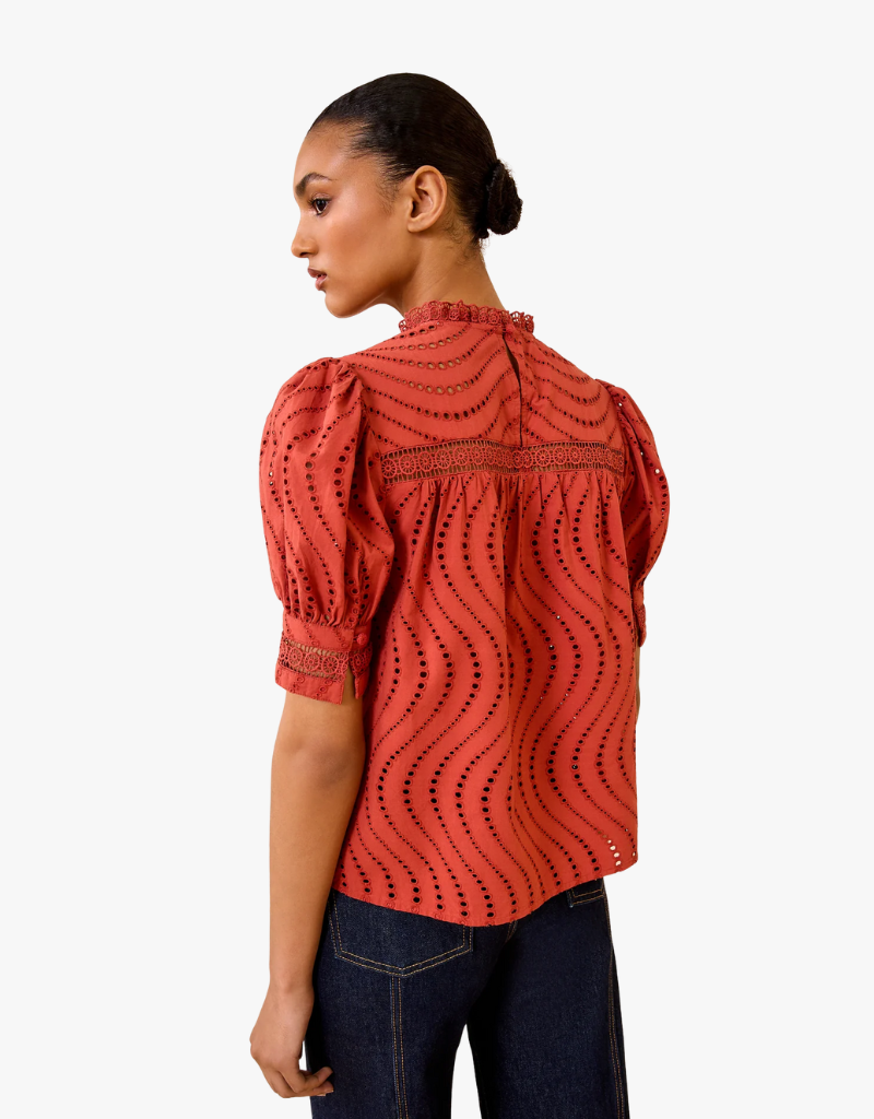 Ulla Johnson Virginia Lace Collar Short Sleeve Blouse in Claret