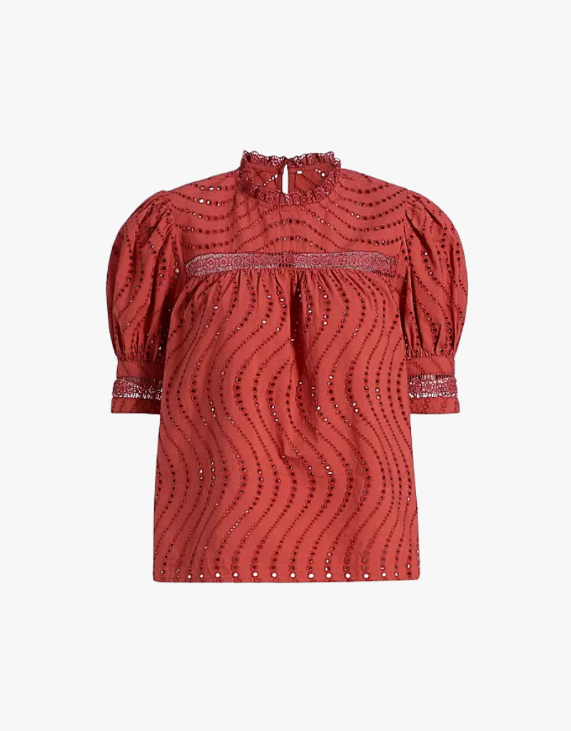 Ulla Johnson Virginia Lace Collar Short Sleeve Blouse in Claret