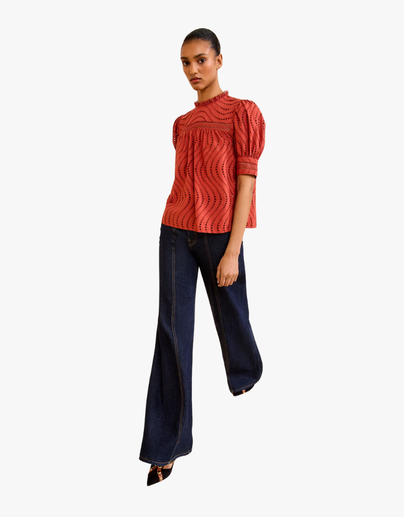 Ulla Johnson Virginia Lace Collar Short Sleeve Blouse in Claret