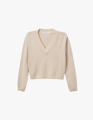 Perfect White Tee Addie Cotton Oversized V-Neck Sweater in Sugar