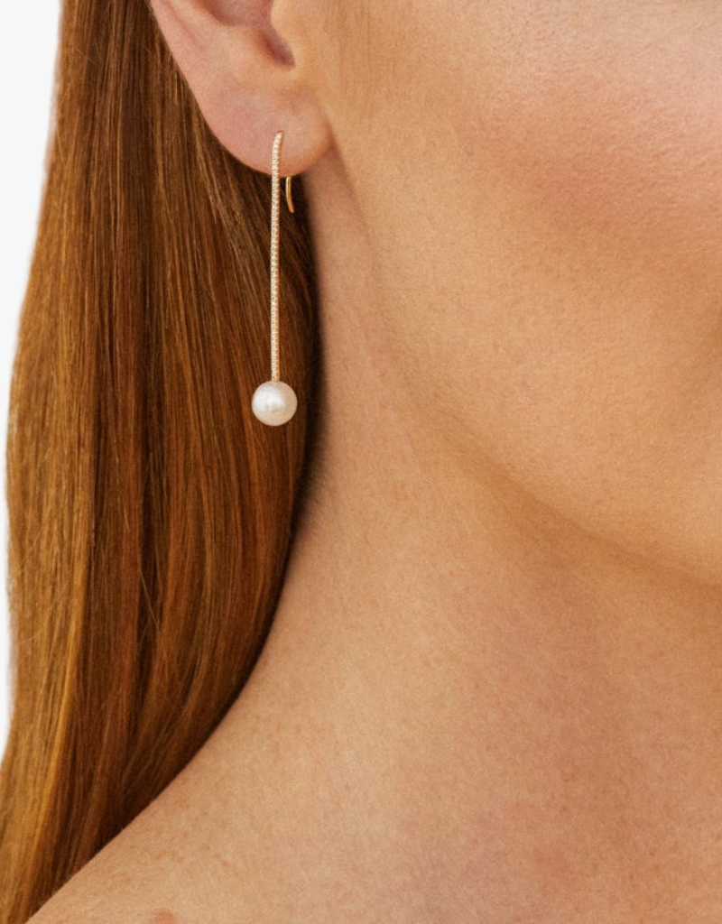 EF Collection Diamond Bar Pearl Drop Earrings in 14k Yellow Gold