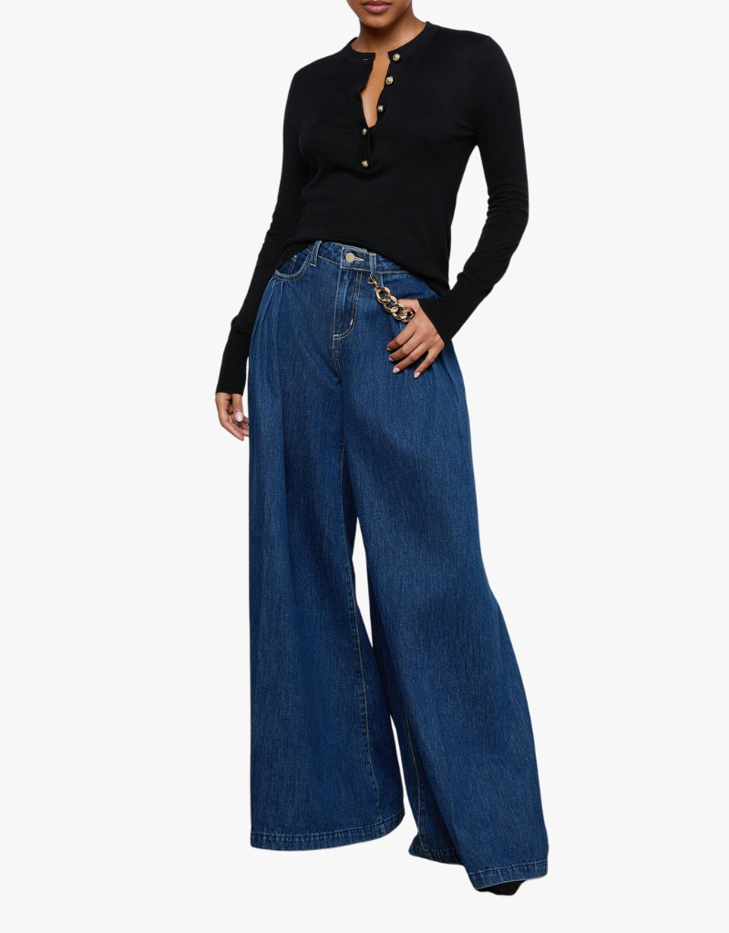 L'agence Ronda Knit Henley Pullover in Black & Gold