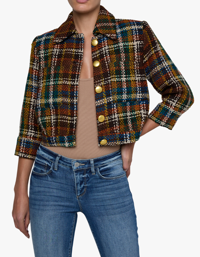 L'agence Jia Crop 3/4 Sleeve Jacket in Brown Multi Plaid