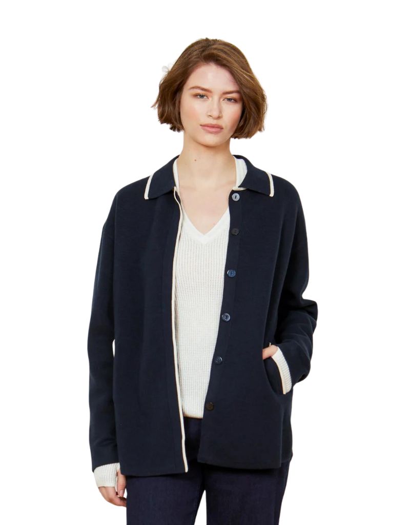 Margaret O'Leary Cotton Shacket in Navy & Ivory