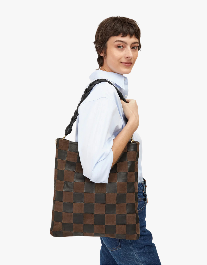 Clare V. Carryall Clutch w/ Tabs in Black & Chocolate Nappa & Suede Checker