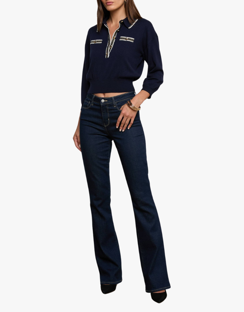 L'agence Malaki 3/4 Sleeve Collared Sweater in Midnight in Ivory & Gold