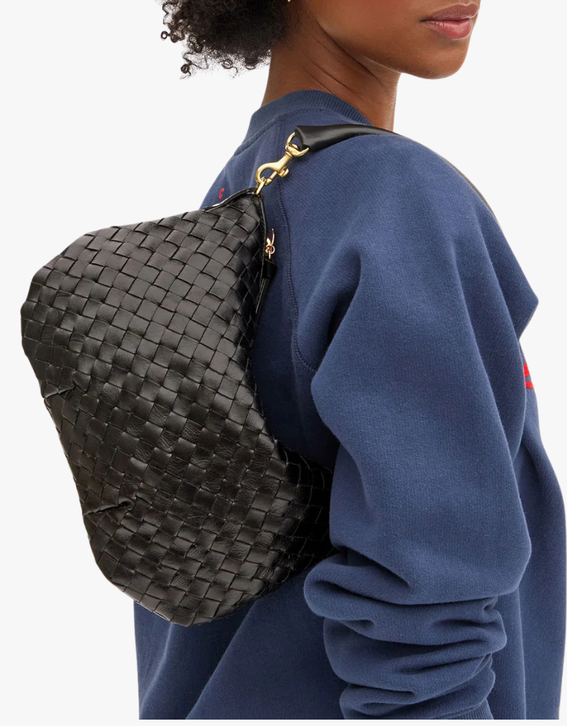 Clare V. Petit Moyen Messenger in Black Woven Diagonal