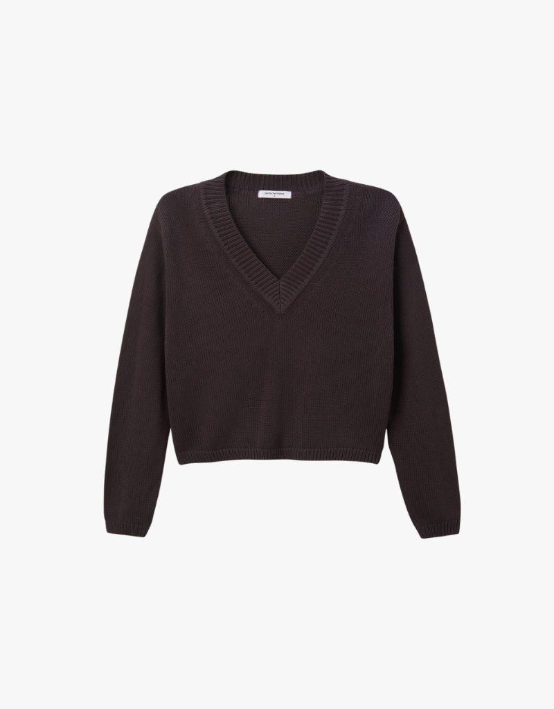 Perfect White Tee Addie Cotton Oversized V-Neck Sweater in Cocoa