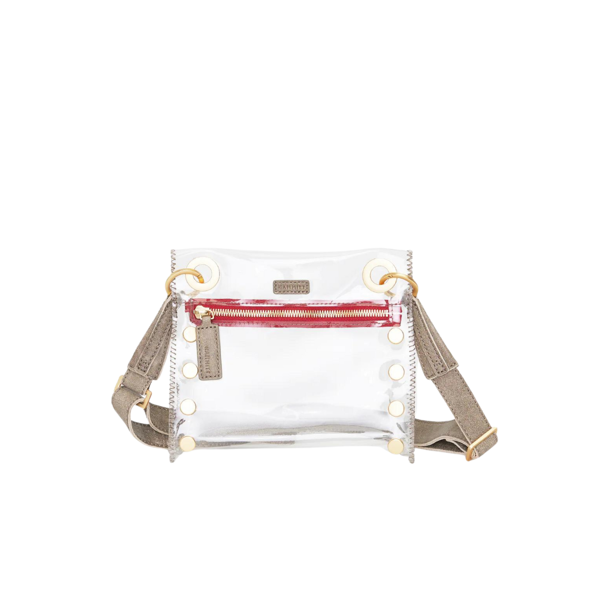 Hammitt Tony Small Crossbody Bag in Clear Pewter with Brushed Gold & Red Zip