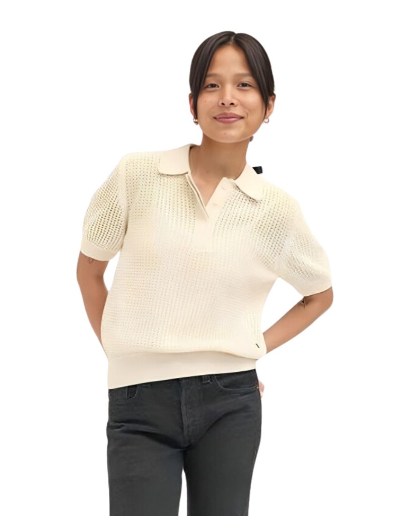 Clare V. Augustine Polo Top in Ivory Open Knit Crochet