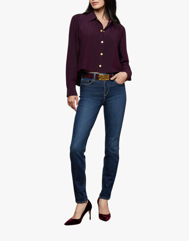 L'agence Costette Crop Hi Low Shirt in Dark Malbec Pinstripe
