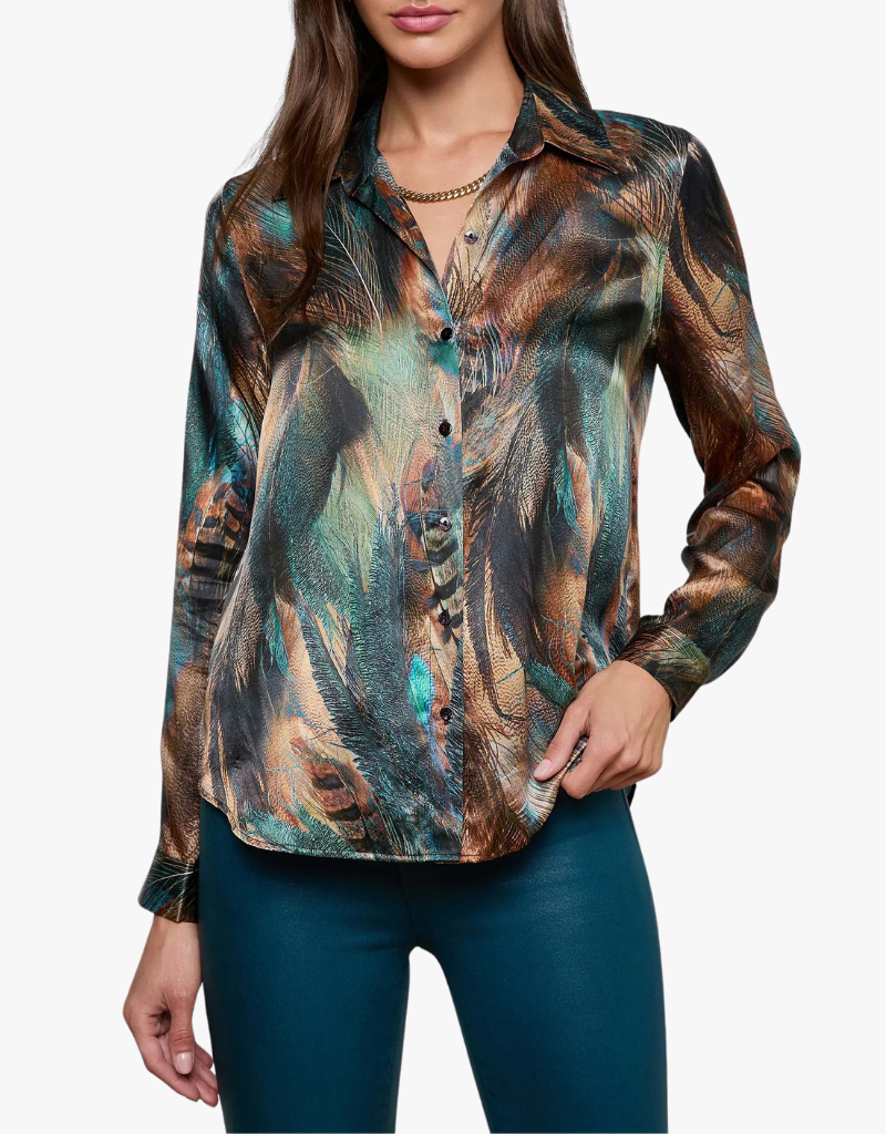 L'agence Tyler Long Sleeve Blouse in Teal Multi Mix Feather